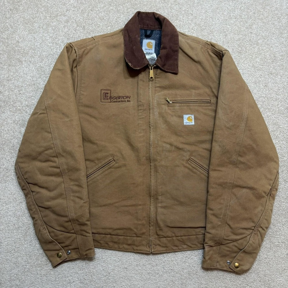 Vtg Carhartt Detroit Jacket Mens 42/L Tan Canvas Blanket Lined Bomber J01 BRN